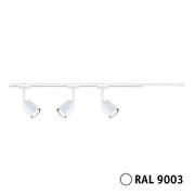 White metal LED track light with three adjustable spotlights for modern interior lighting