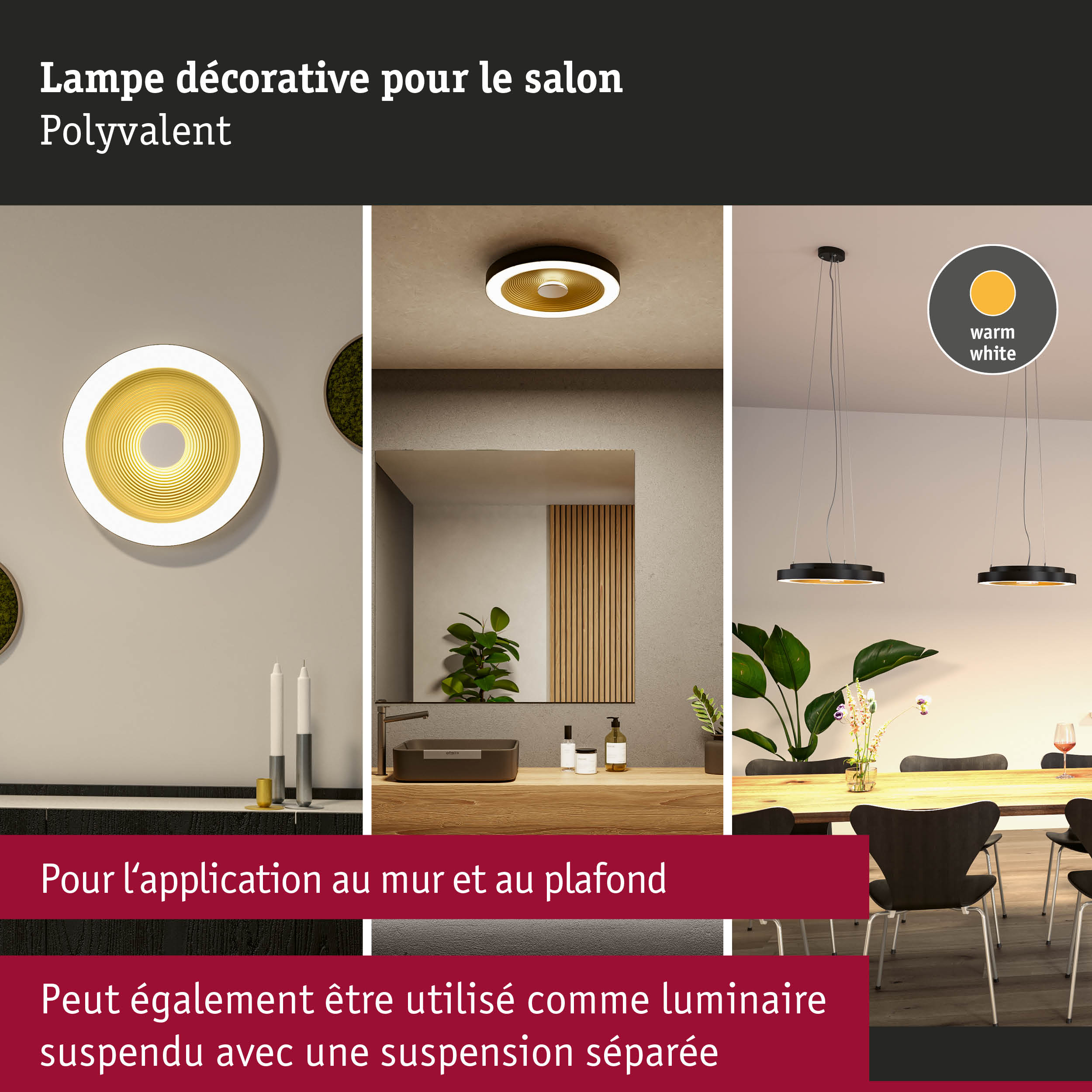 Lampe décorative moderne pour plafond et mur avec lumière blanc chaud et cadre noir pour salon