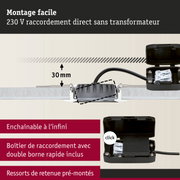 Boîtier de raccordement noir avec bornes rapides et raccordement direct 230 V sans transformateur, guide de montage