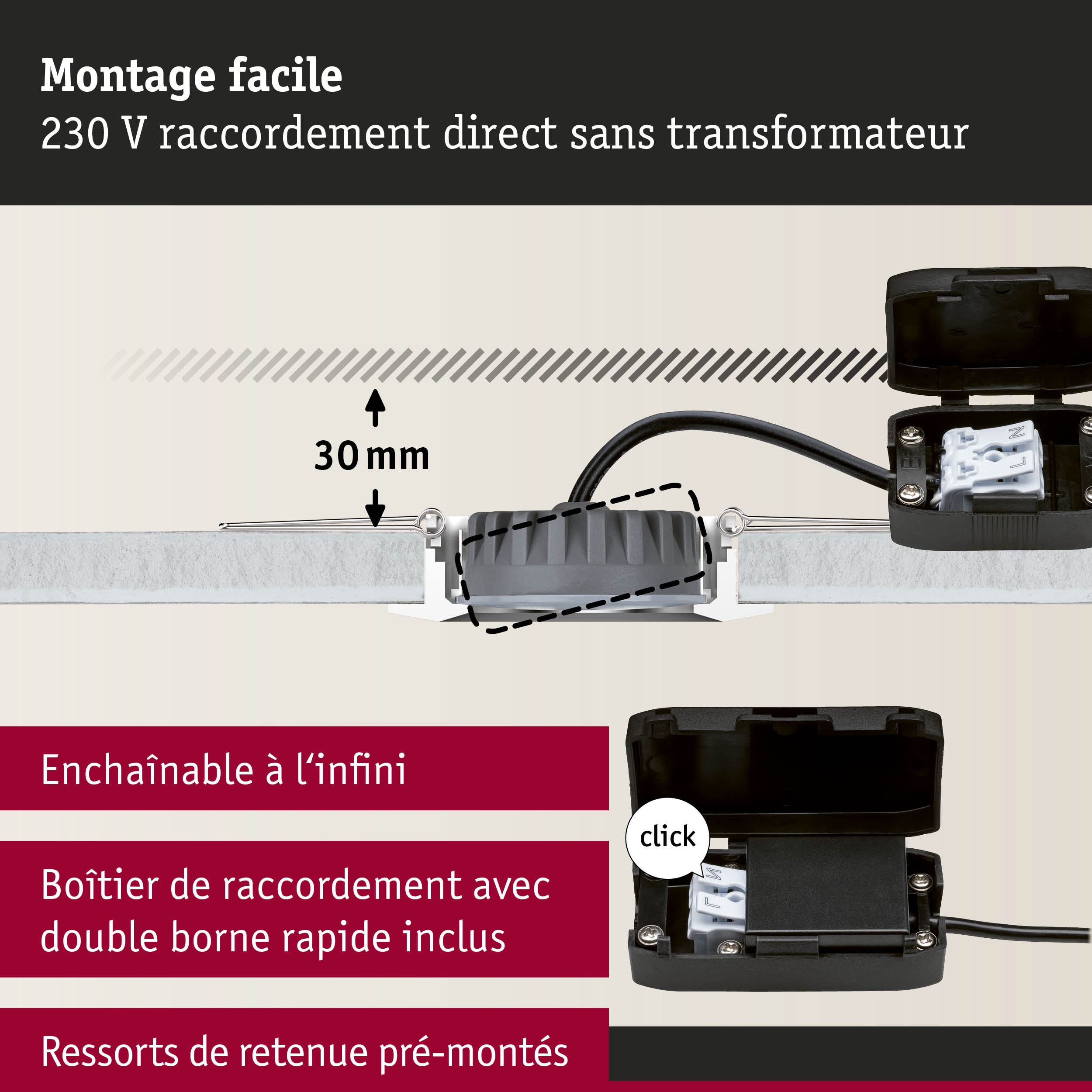 Boîtier de raccordement noir avec bornes rapides et raccordement direct 230 V sans transformateur, guide de montage