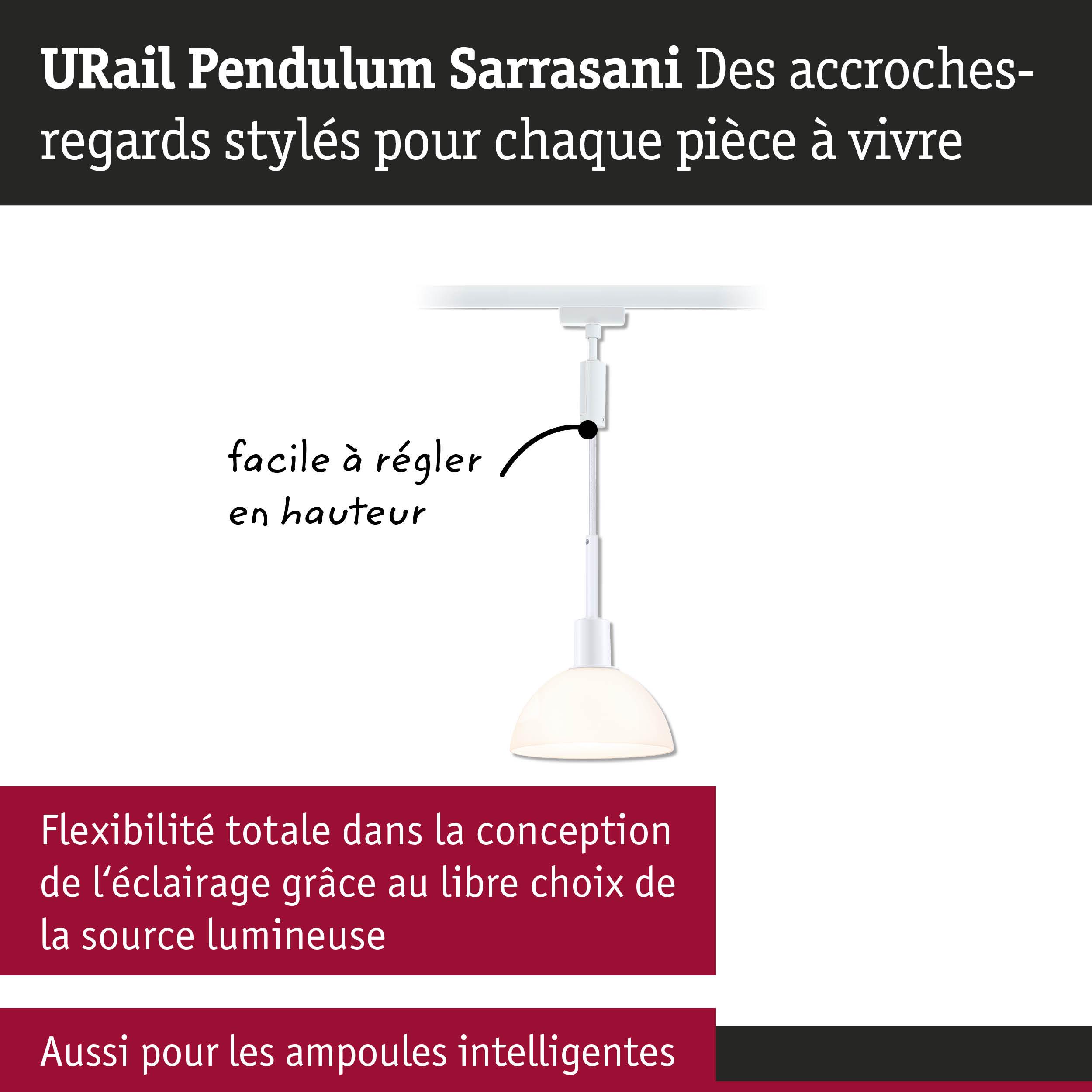Suspension URail Pendulum Sarrasani blanche avec réglage facile en hauteur et choix libre de la source lumineuse