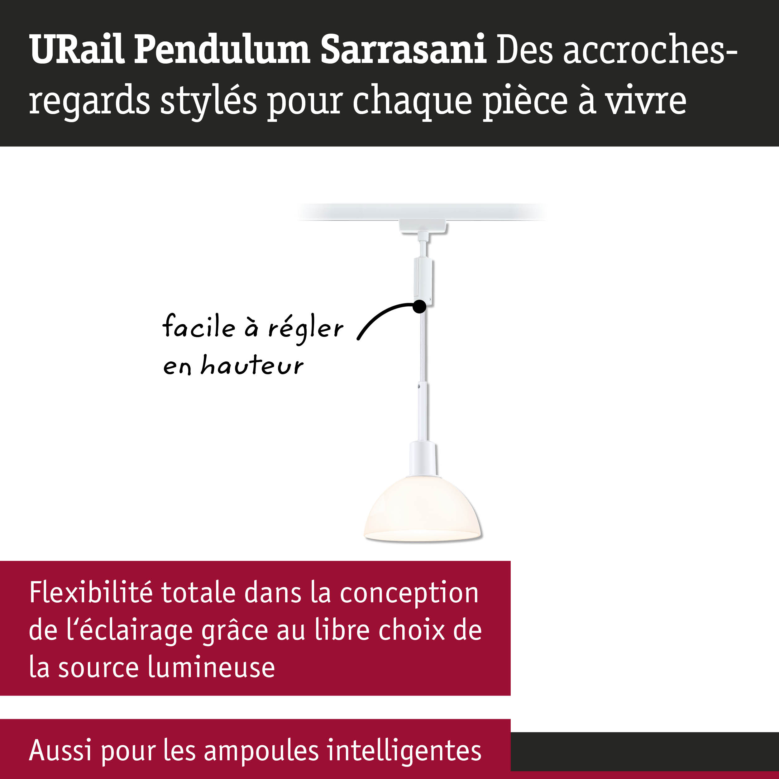 Suspension blanche URail Sarrasani réglable en hauteur avec source lumineuse flexible pour salon
