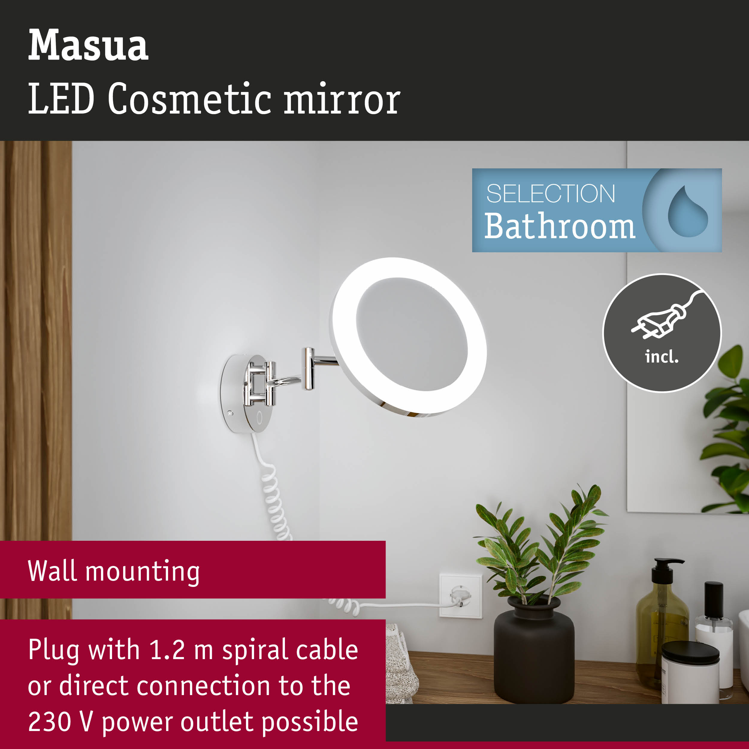 Masua LED cosmetic mirror wall-mounted with 1.2 m spiral cable in chrome for bathroom use