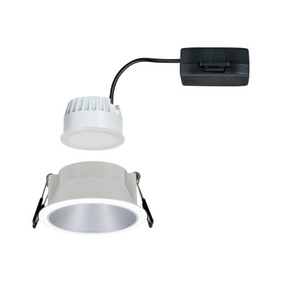 Weißer LED-Einbaustrahler mit silberner Reflektorfläche und schwarzem Anschlusskabel für Innenbeleuchtung