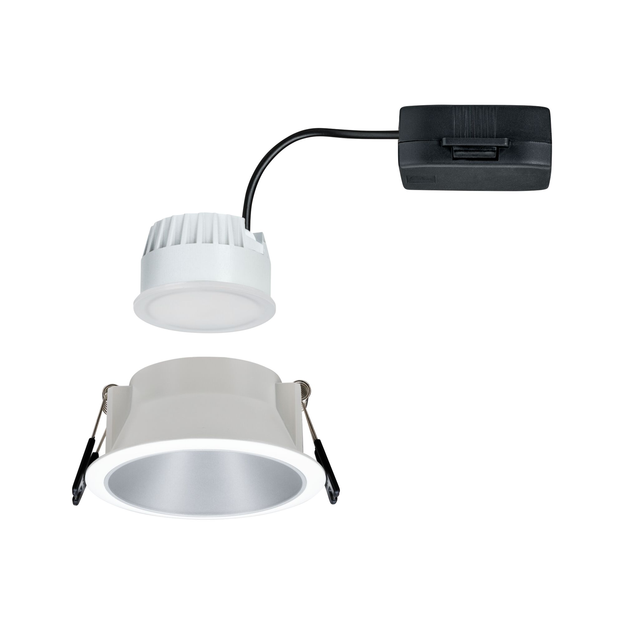 Weißer LED-Einbaustrahler mit silberner Reflektorfläche und schwarzem Anschlusskabel für Innenbeleuchtung