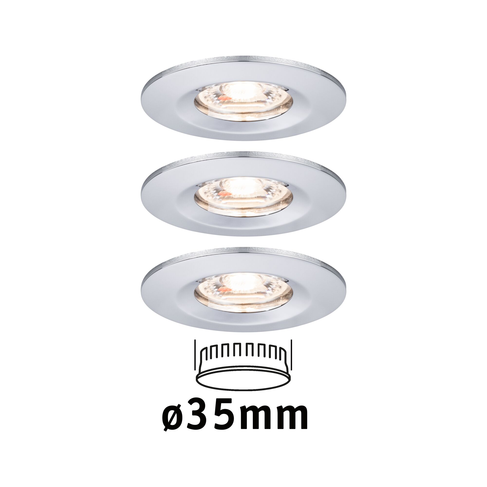 Three white metal recessed spotlights with 35 mm diameter for modern LED lighting