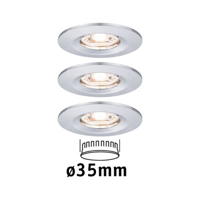 Three white metal recessed spotlights with 35 mm diameter for modern LED lighting