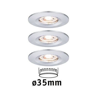 Drei weiße Einbaustrahler aus Metall mit 35 mm Durchmesser für moderne LED-Beleuchtung