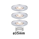 Drie witte metalen inbouwspots met 35 mm diameter voor moderne LED-verlichting