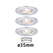 Drei weiße Einbaustrahler aus Metall mit 35 mm Durchmesser für moderne LED-Beleuchtung