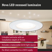 Nova white LED recessed luminaire with 75 mm installation depth and replaceable GU10 light source for 230V