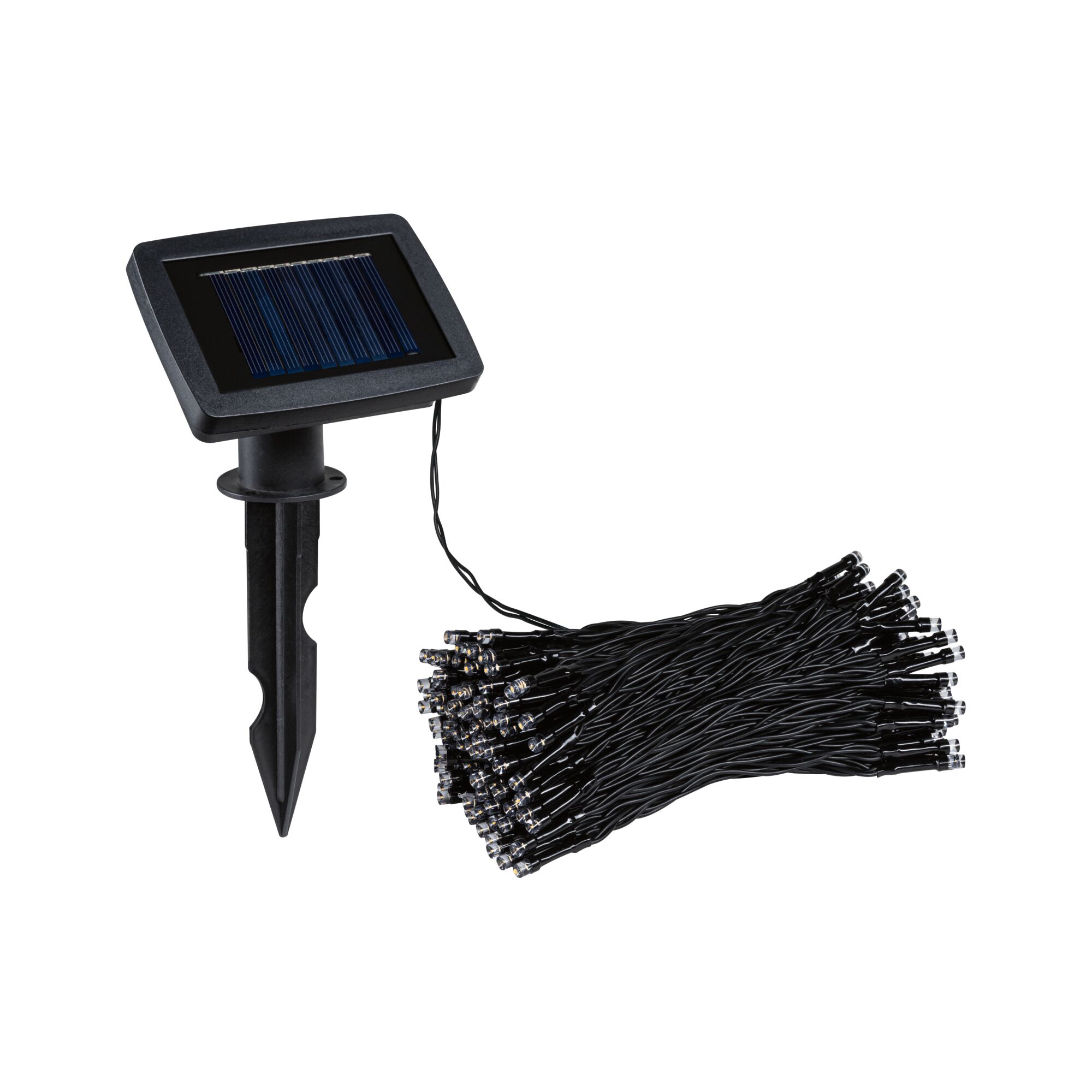 Black solar light with ground stake and LED string lights for outdoor garden lighting.