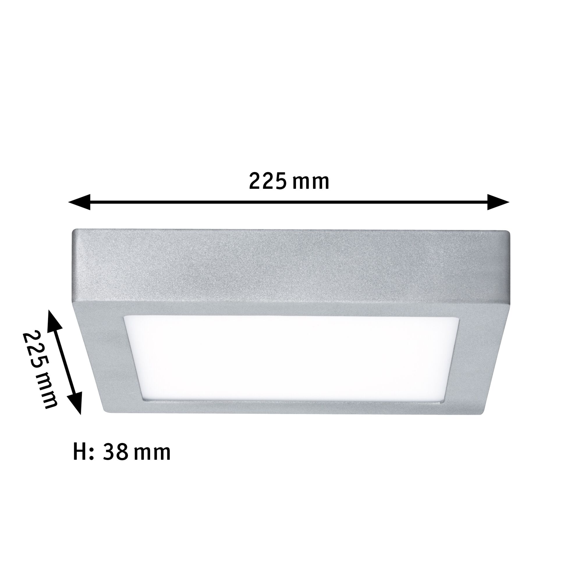 Square LED panel in silver aluminum, 225x225 mm, slim design for modern lighting solutions