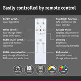 White remote control with buttons for dimmable RGBW light, white tones, and night light function