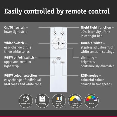 White remote control with buttons for dimmable RGBW light, white tones, and night light function