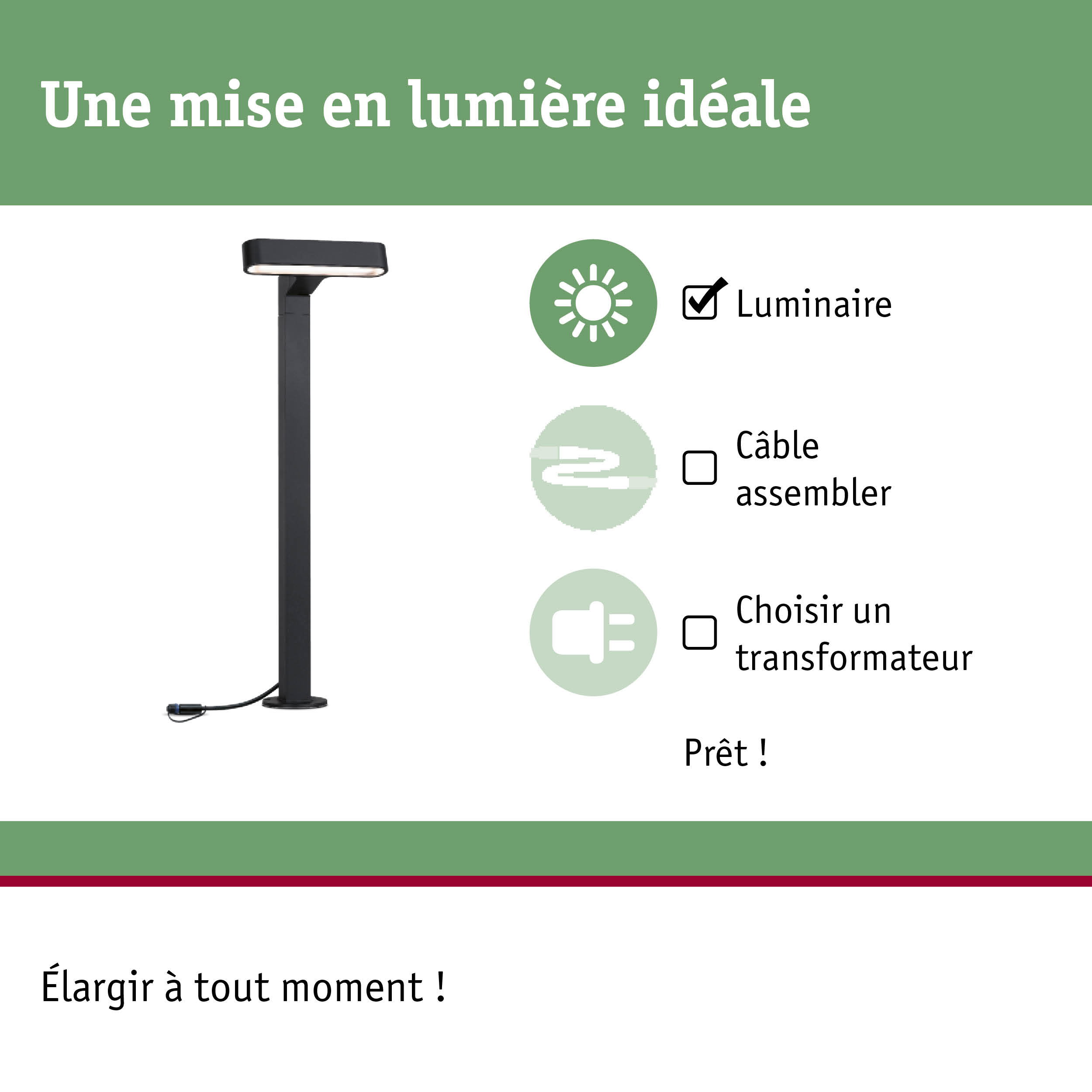 Lampadaire extérieur LED noir avec câble et prise intégrés pour éclairage de jardin