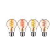 Quatre ampoules LED avec filaments en spirale colorés jaune, rouge, vert et bleu pour éclairage décoratif