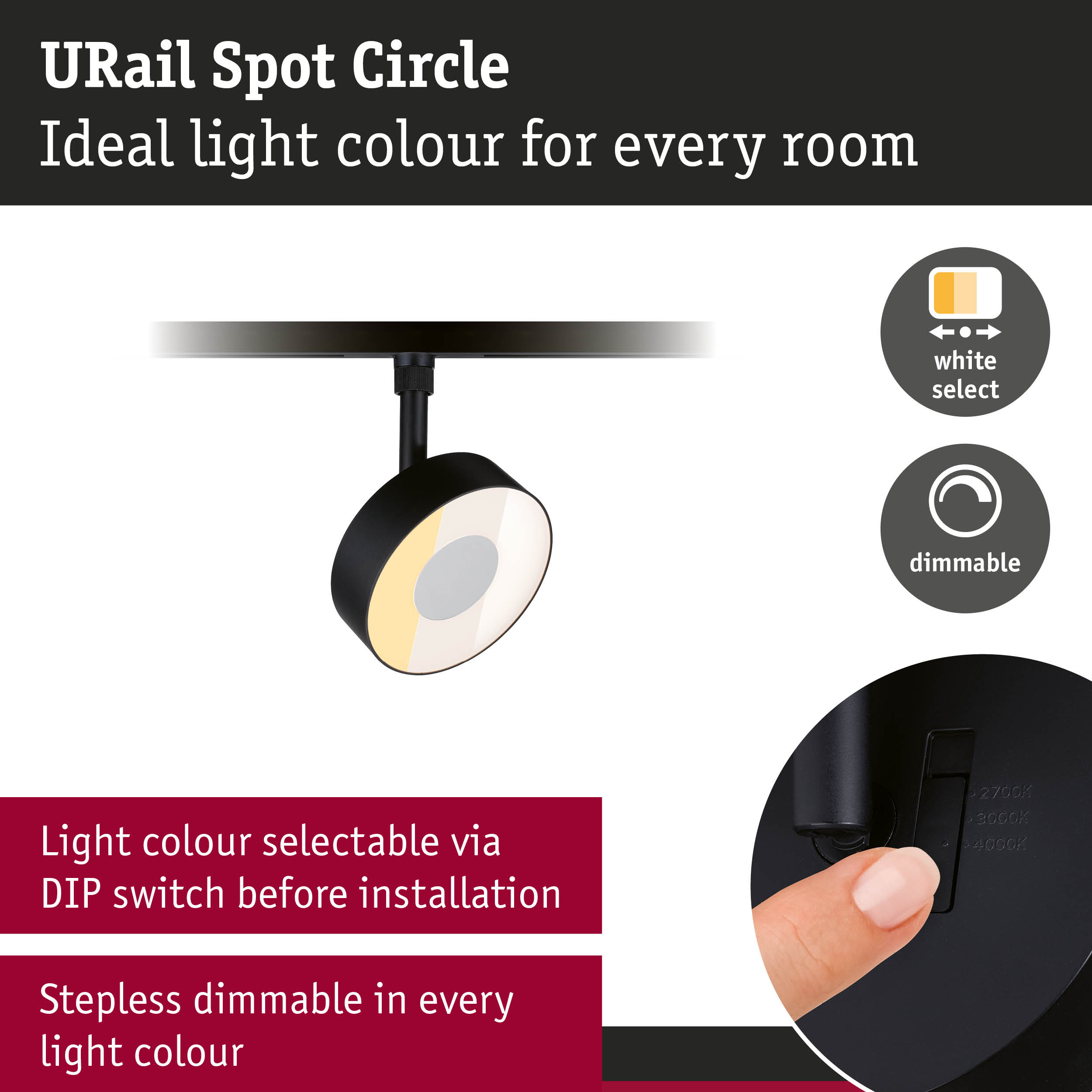 URail Spot Circle black metal spotlight with adjustable light colour and stepless dimming