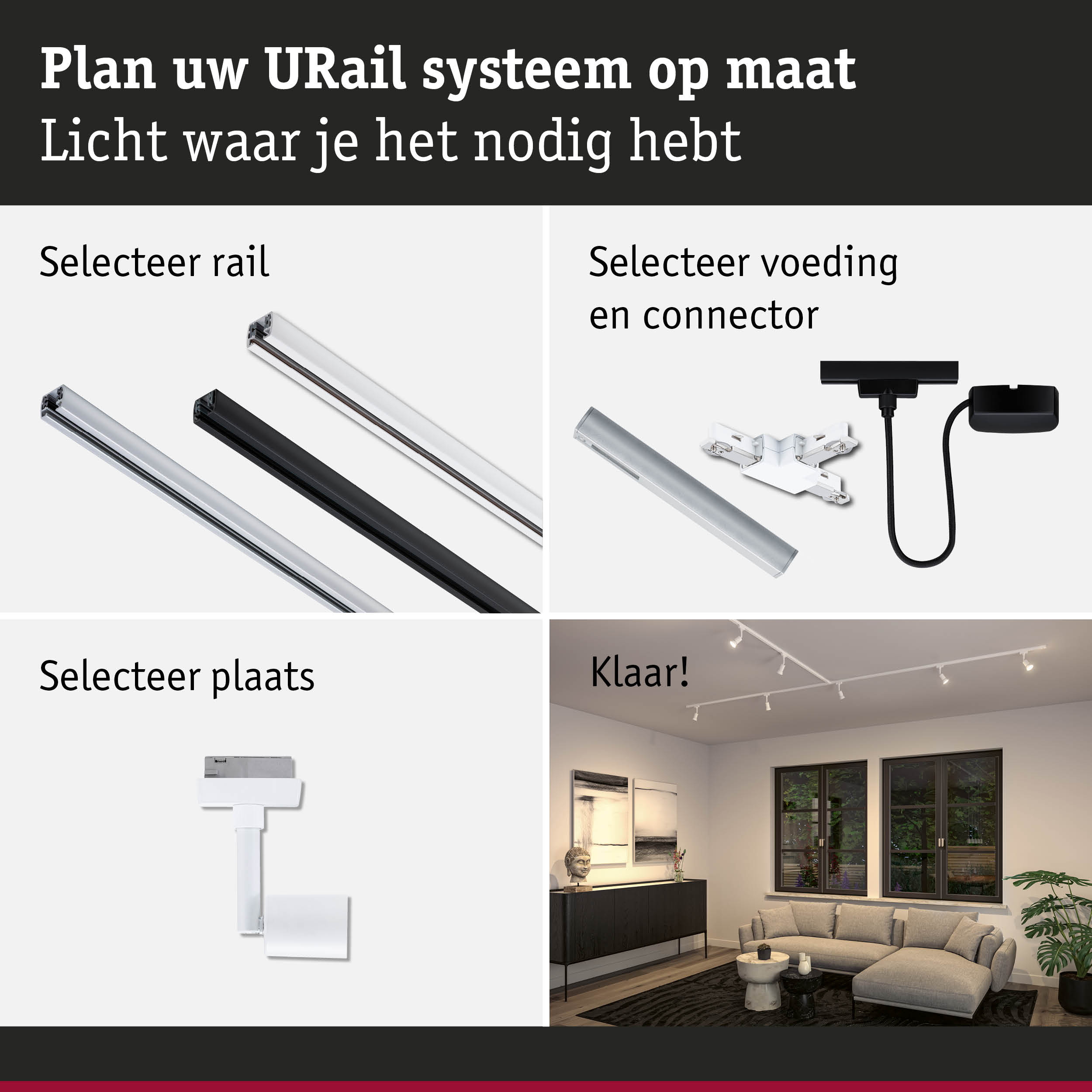 Modulair URail railsysteem met witte en zwarte rails en connectoren voor maatwerk verlichting