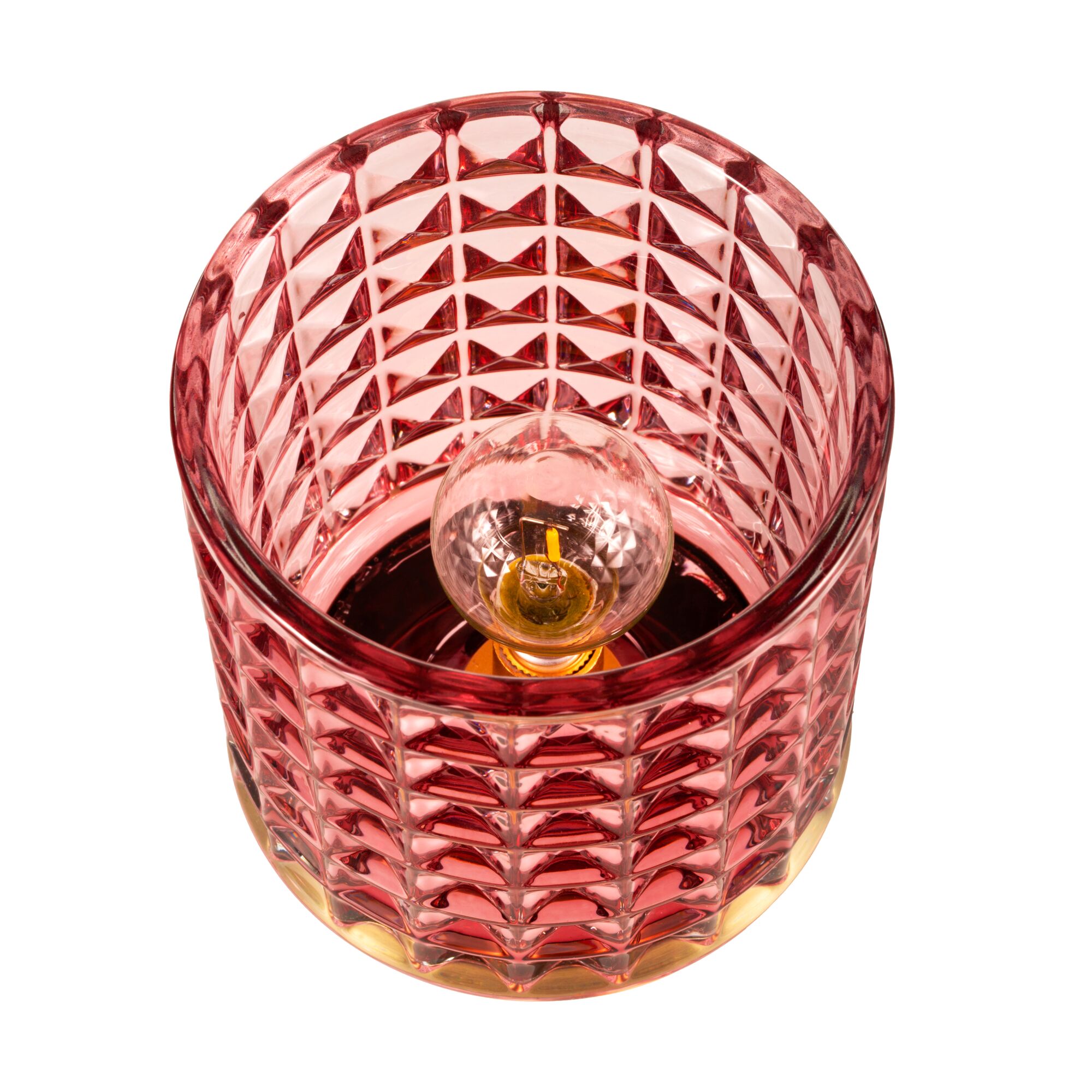 Lampe de table en verre rouge à motif facetté avec ampoule visible pour éclairage décoratif