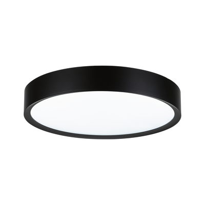 Round ceiling light with black metal frame and white diffuser for modern room lighting