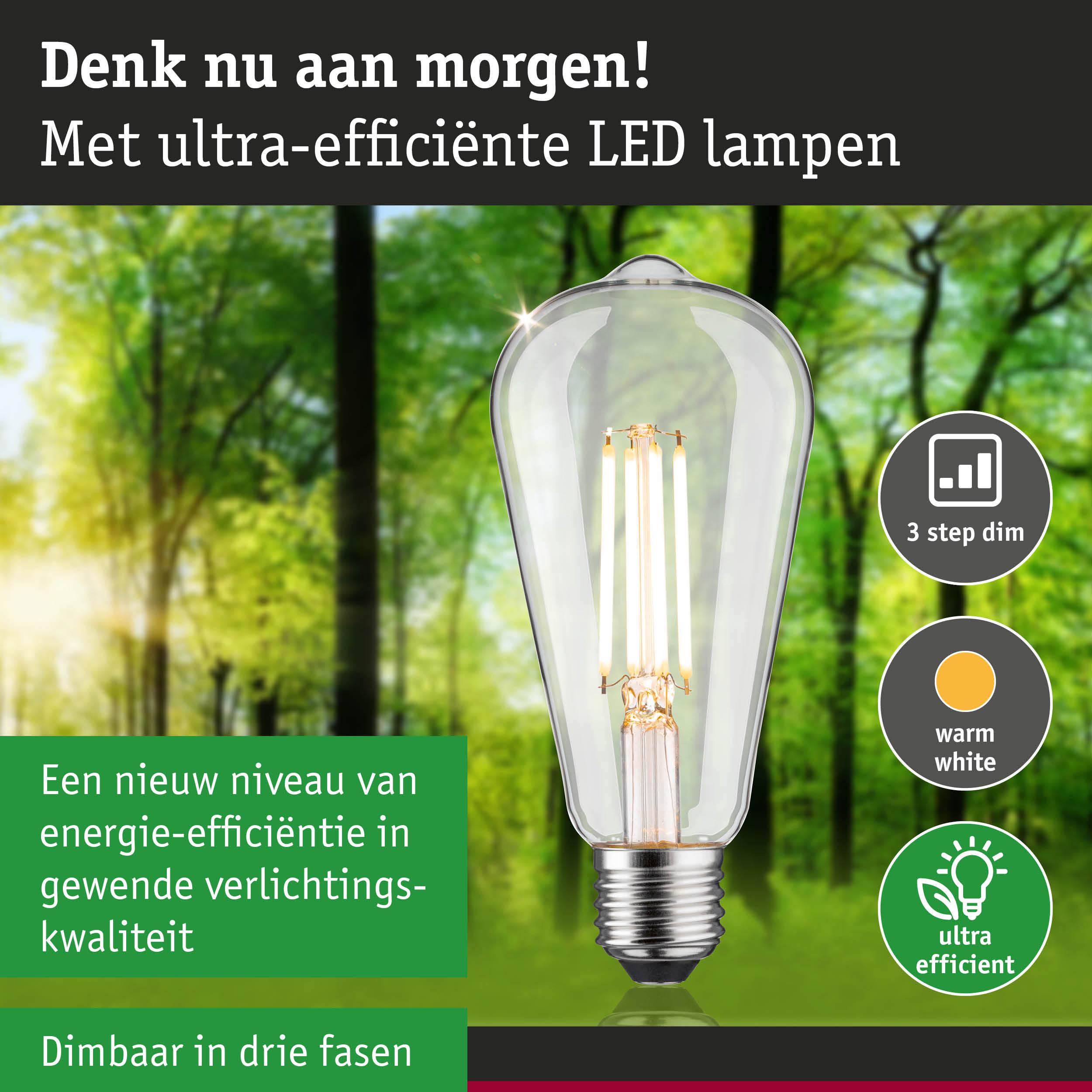 Transparante LED-lamp met warm wit licht en drie standen dimfunctie tegen groene bosachtergrond