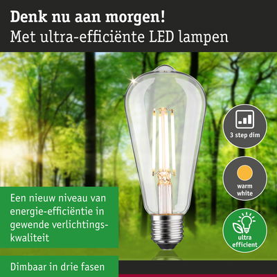 Transparante LED-lamp met warm wit licht en drie standen dimfunctie tegen groene bosachtergrond
