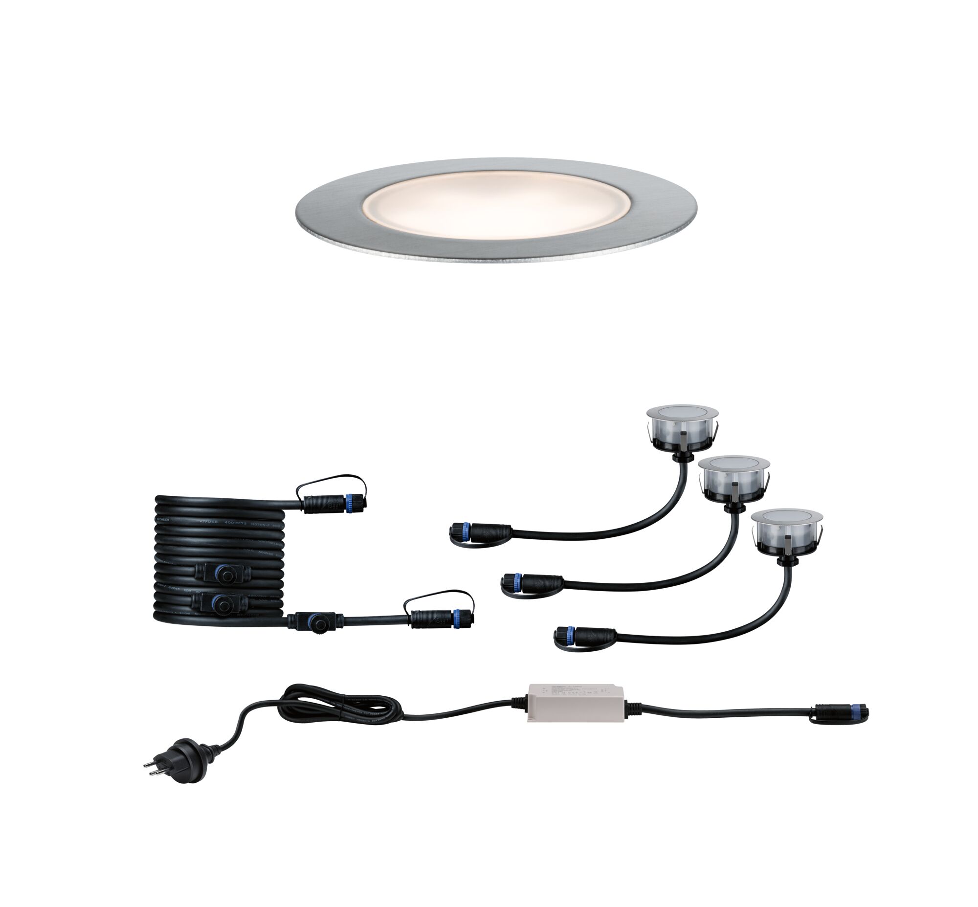 LED recessed spotlight set with stainless steel frame and black cable for modern indoor lighting