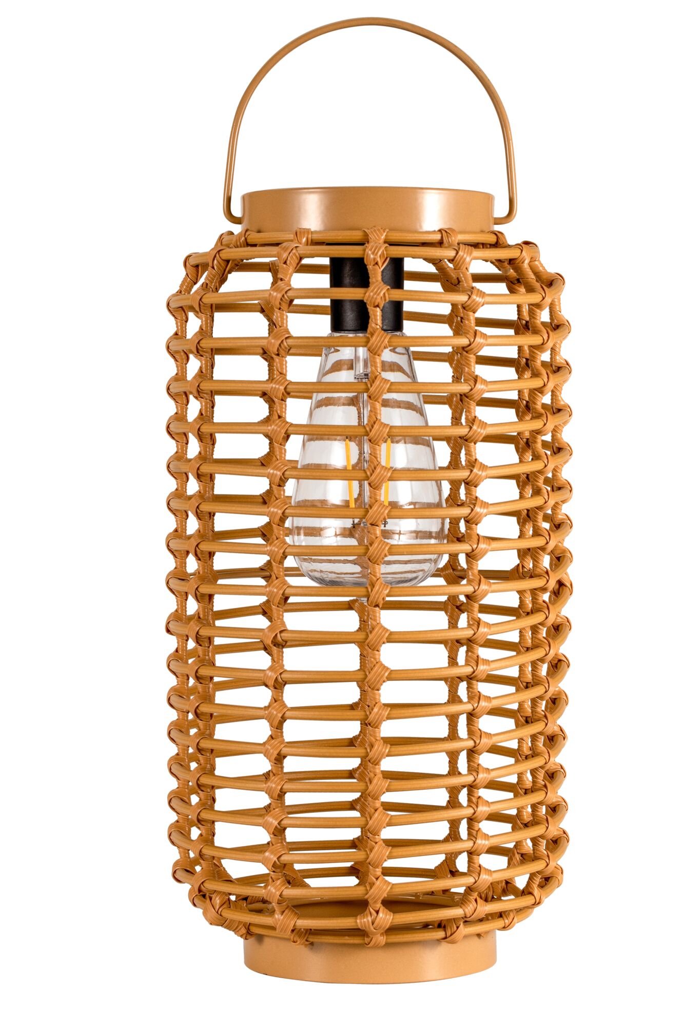 Bruine kunststof gevlochten lantaarn met lamp, decoratieve buitenlamp voor tuin en terras