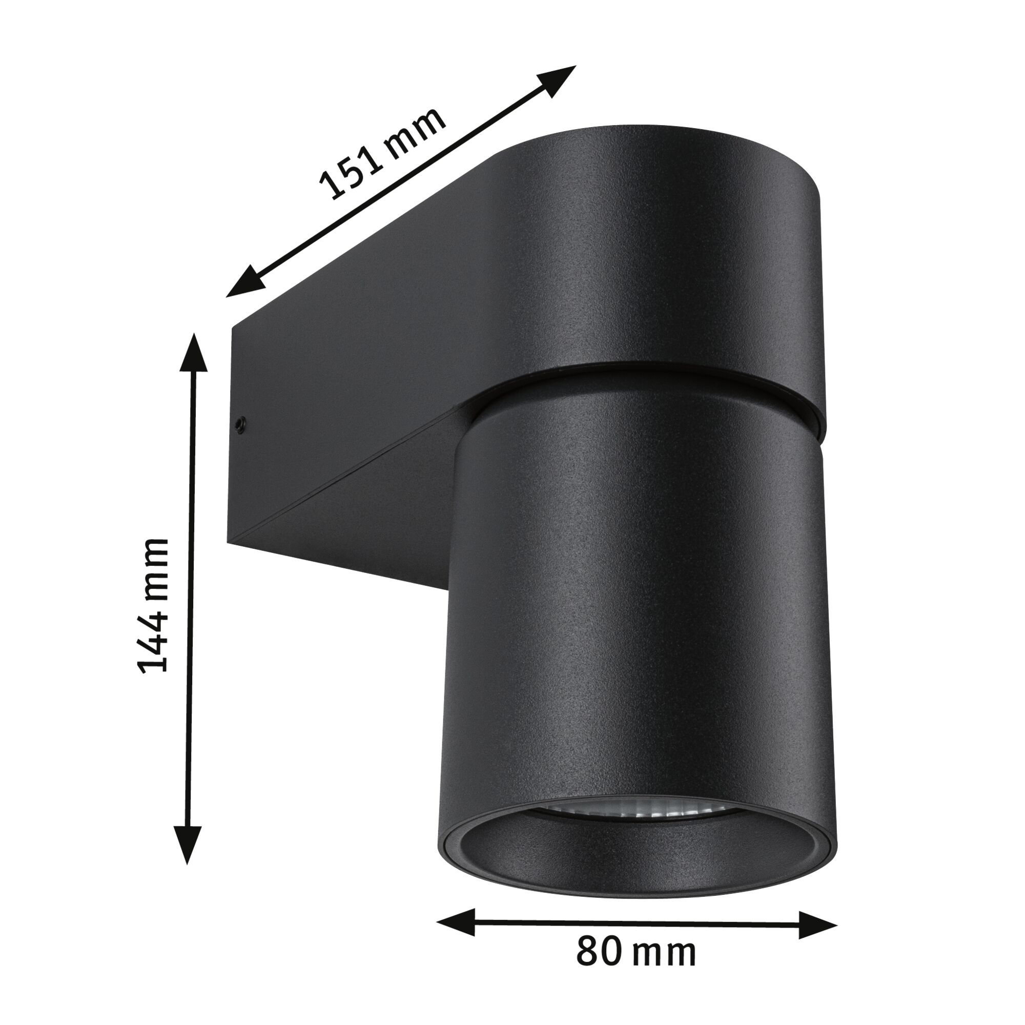 Black aluminum wall light with cylindrical design, dimensions 151x144x80 mm, modern LED outdoor lighting