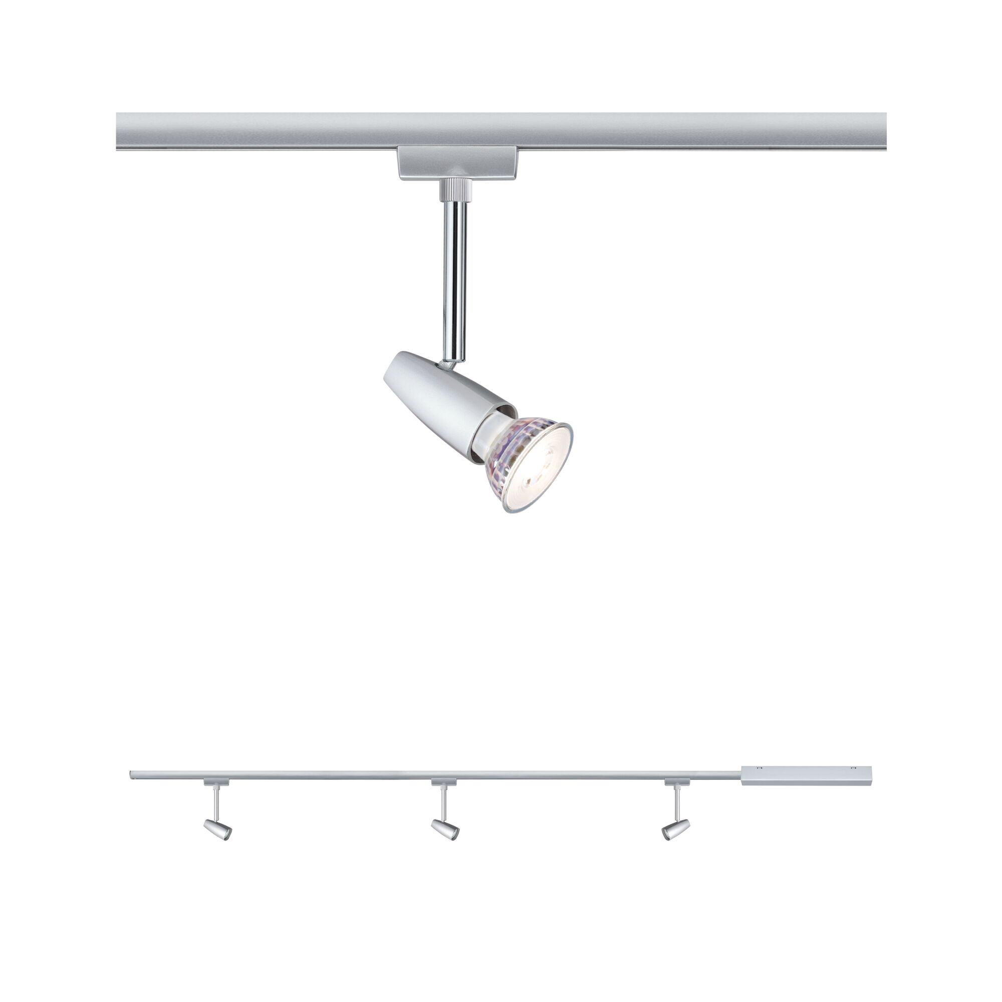 Spot LED argenté en métal sur rail pour un éclairage d’intérieur flexible