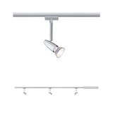 Silver metal LED spotlight on track system for flexible room lighting