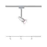 Silberner LED-Spot an Schienensystem aus Metall für flexible Raumbeleuchtung