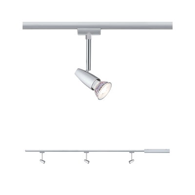 Silberner LED-Spot an Schienensystem aus Metall für flexible Raumbeleuchtung