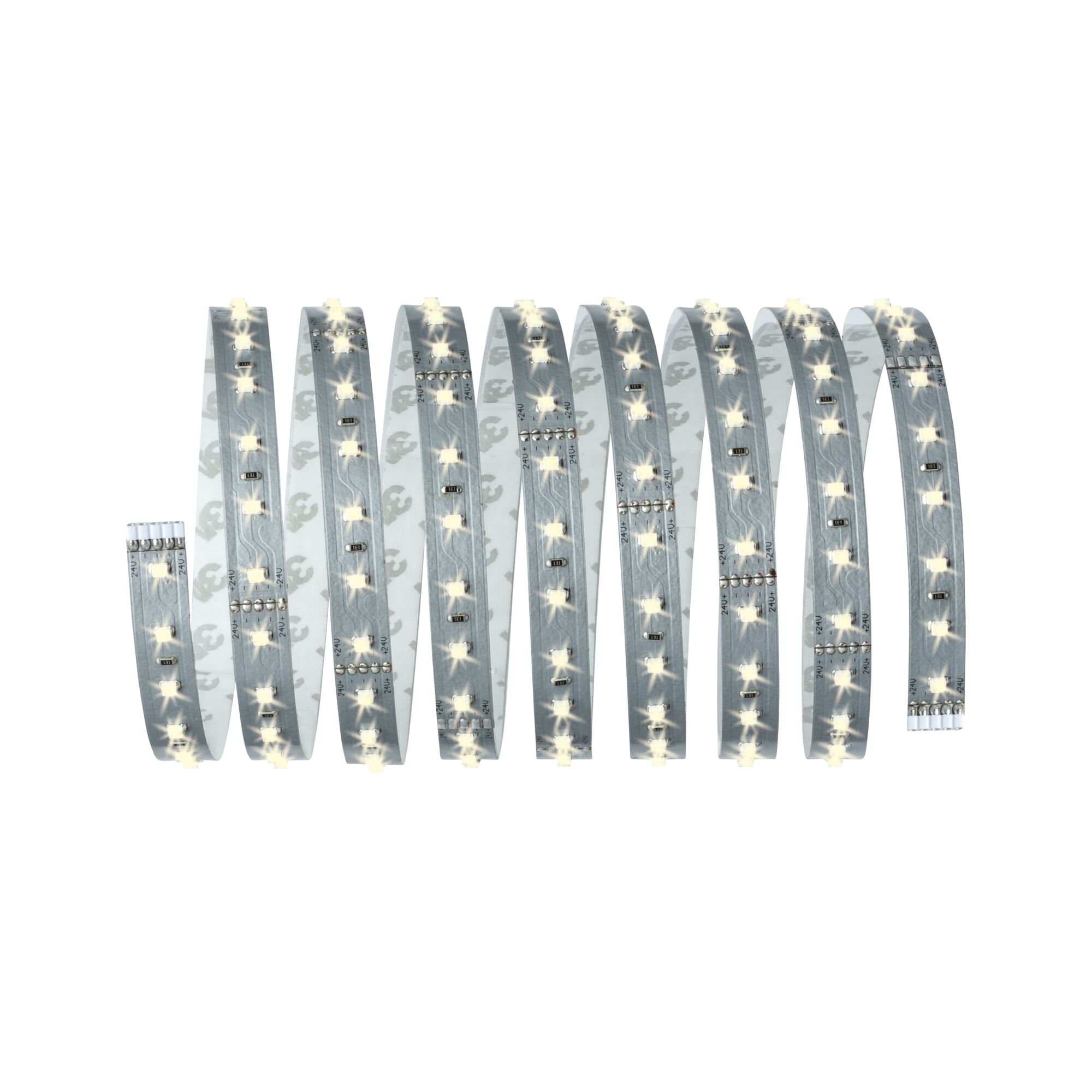 Flexibler LED-Lichtstreifen mit warmweißen LEDs auf silberner Platine für dekorative Beleuchtung