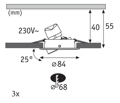 Technische Zeichnung eines einstellbaren Einbaustrahler mit 84 mm Durchmesser und 25 Grad Neigung