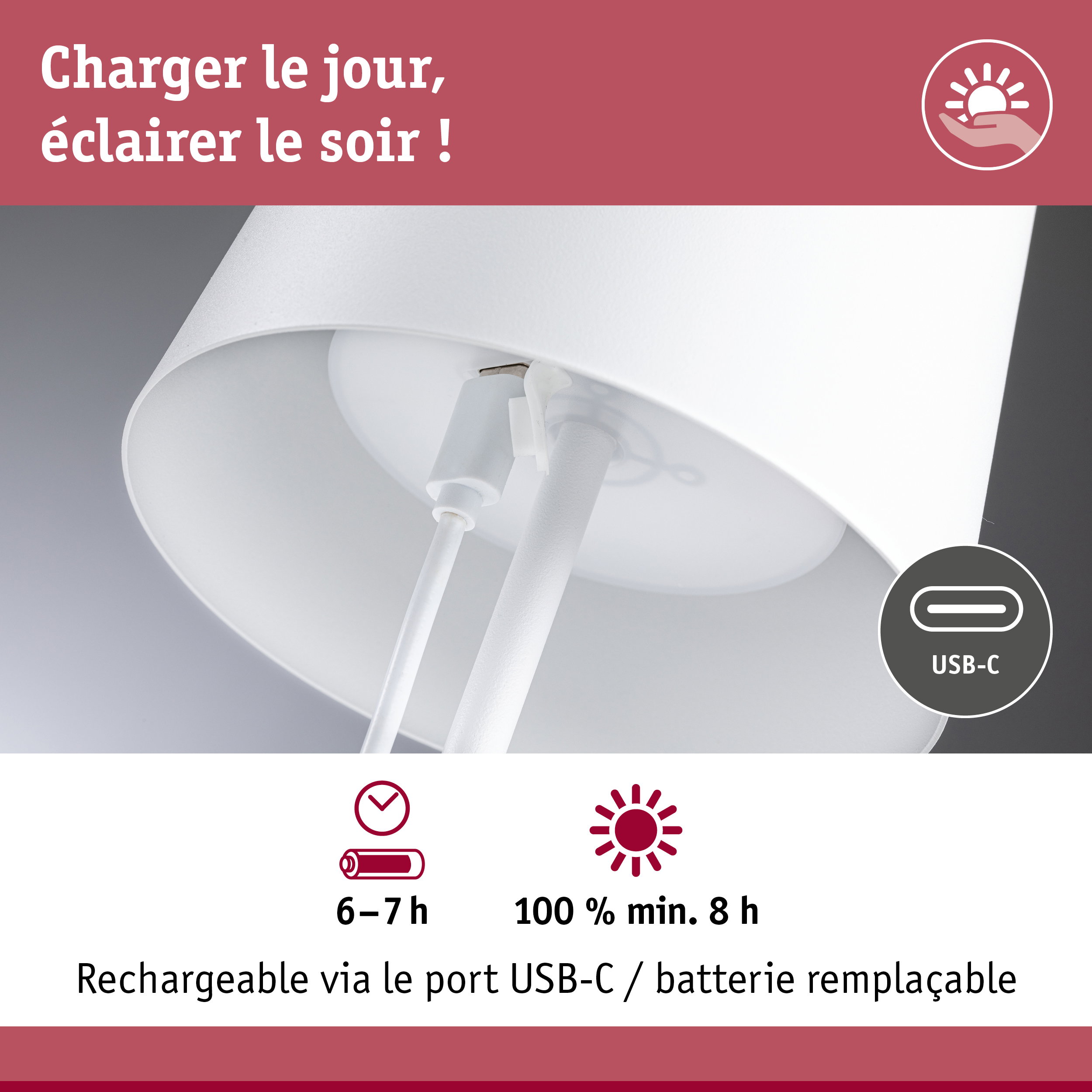 Lampe blanche avec port USB-C et batterie rechargeable offrant jusqu'à 7 heures d'éclairage