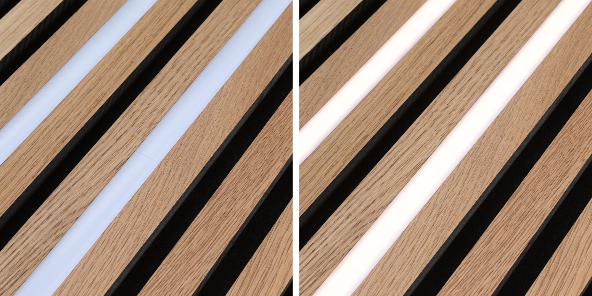 Nahaufnahme von Holzlamellen mit integriertem LED-Lichtstreifen in natürlicher Eiche und warmweißem Licht
