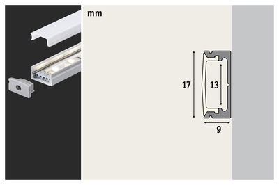Profilé LED en aluminium avec diffuseur laiteux et embout, dimensions 17x9 mm, accessoire d'éclairage LED