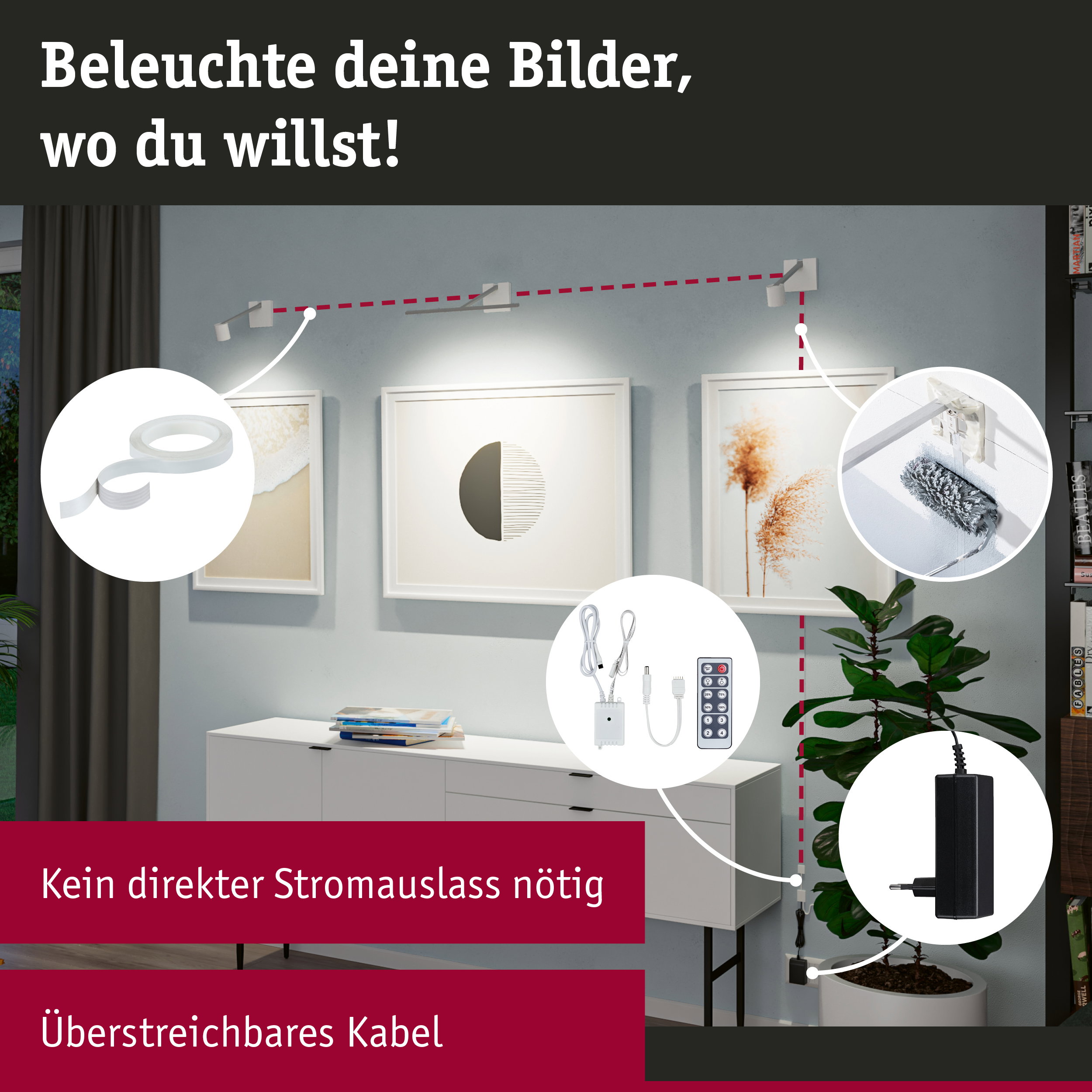 Modulares LED-Bildbeleuchtungssystem mit weißem Aluminiumrahmen und flexiblen Kabeln für Wanddekorationen