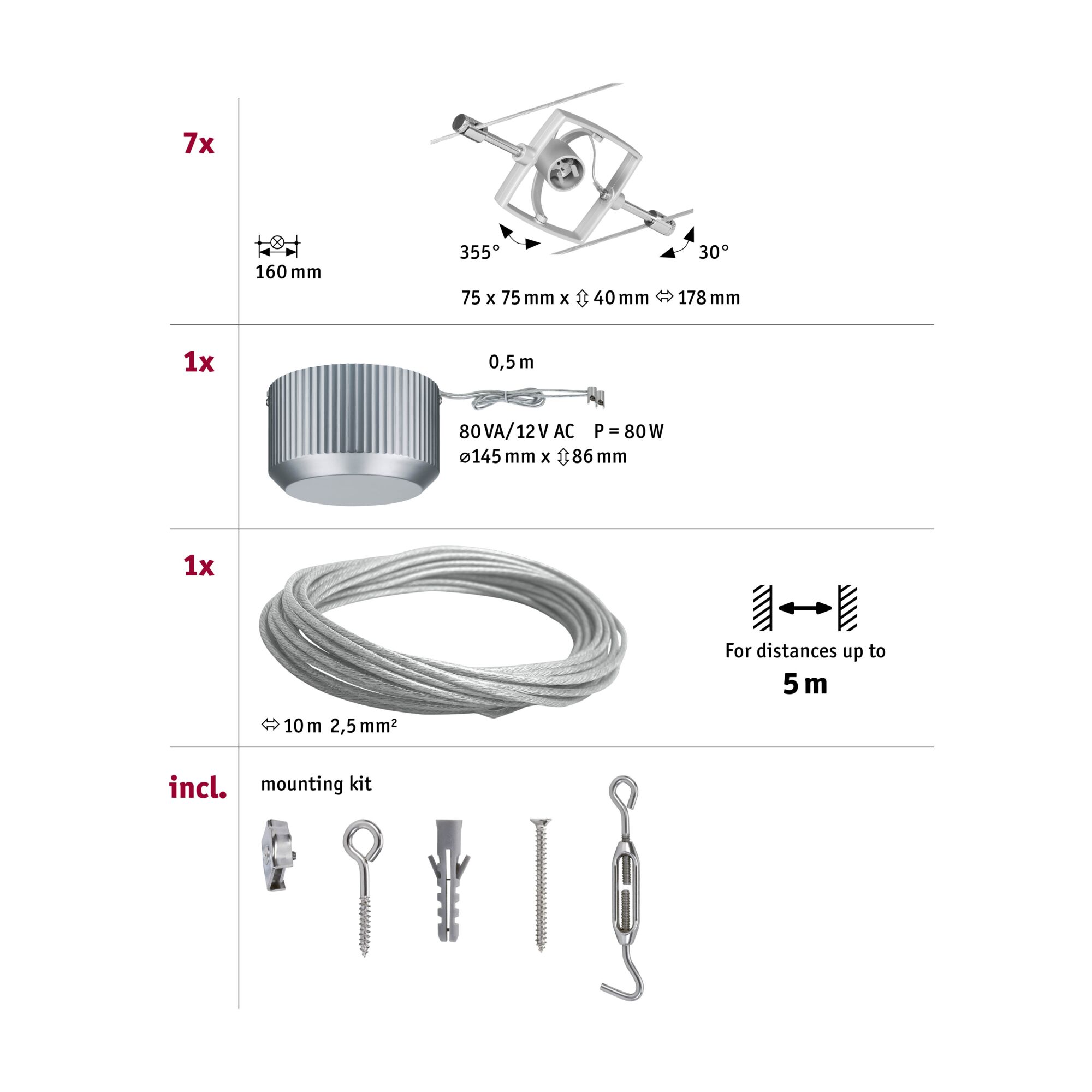 Technische tekening met 7 witte LED-spotjes, transformator, 10m stalen kabel en montageset voor kabelsysteem.