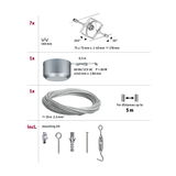 Technische tekening met 7 witte LED-spotjes, transformator, 10m stalen kabel en montageset voor kabelsysteem.