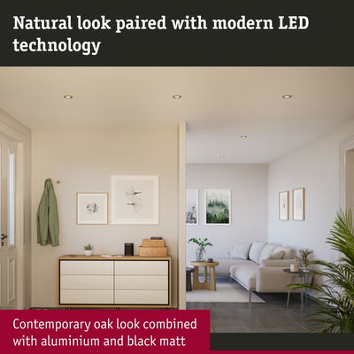 Modern living room with LED recessed lights, oak-look sideboard and beige sofa for contemporary lighting design