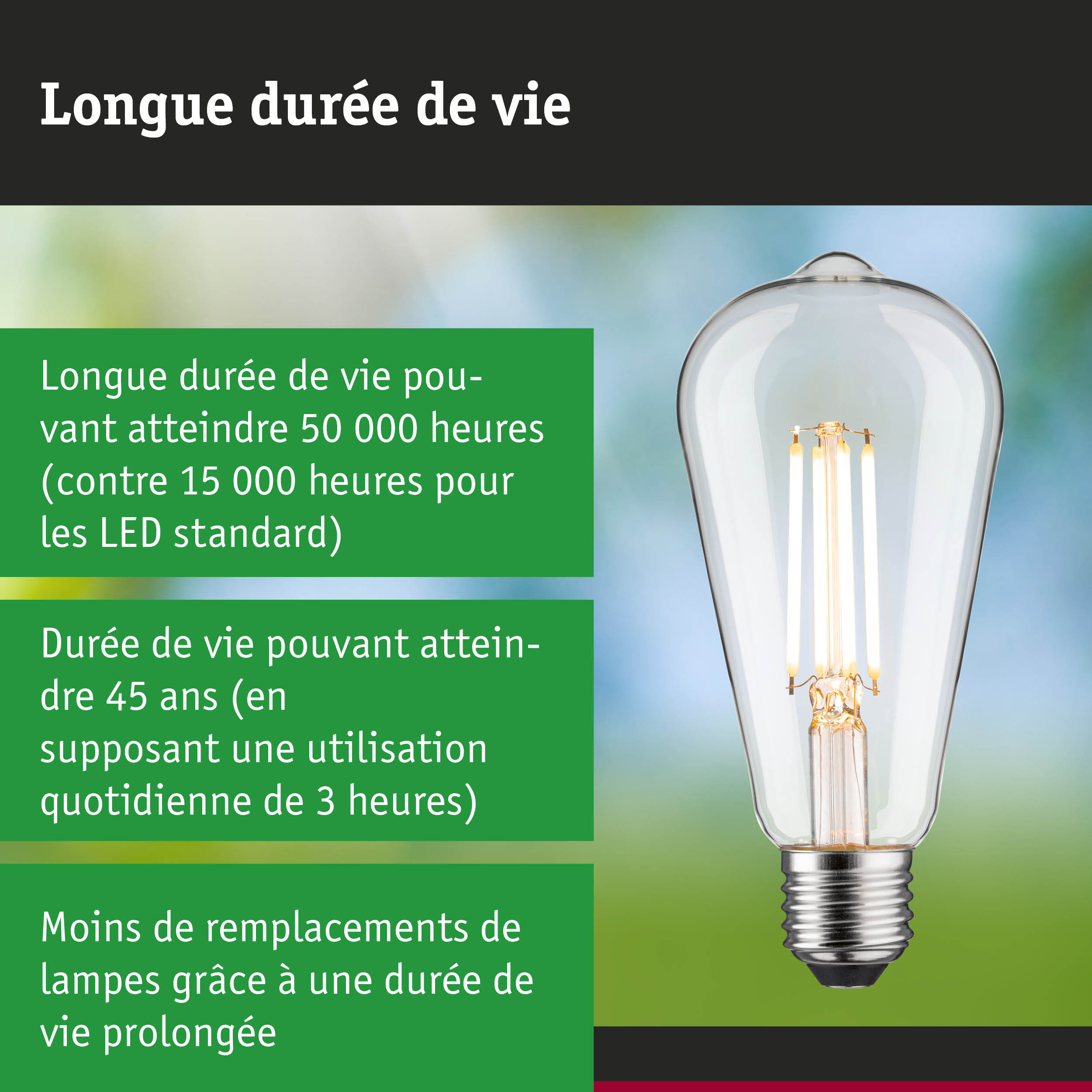 Ampoule LED à longue durée de vie, 3,5 fois plus longue qu’une lampe traditionnelle, éclairage durable