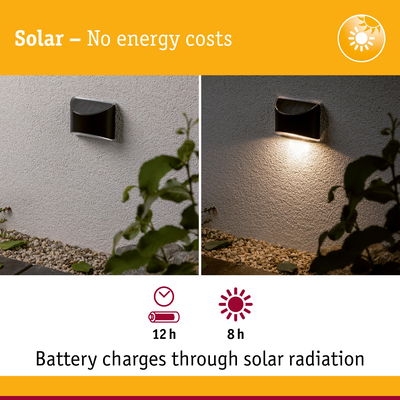 Black solar wall light on white wall with 12h runtime and 8h charging via solar radiation for outdoor use
