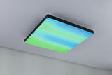 Quadratische Deckenleuchte mit schwarzem Rahmen und blau-grünem Farbverlauf, moderne LED-Beleuchtung.