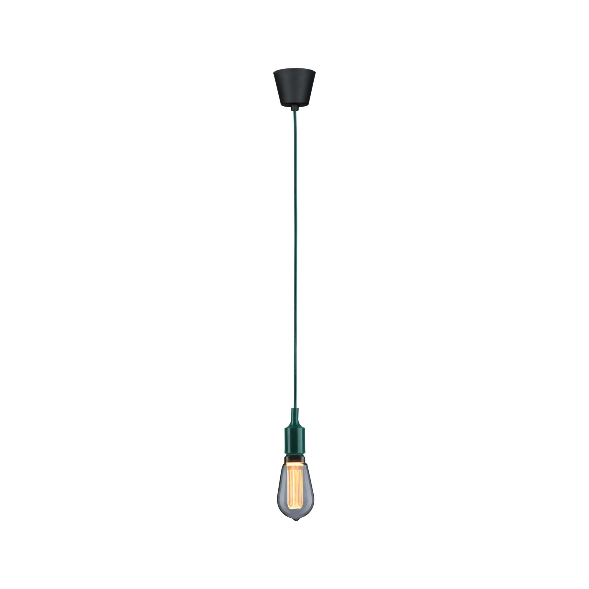 Groene hanglamp met zwarte plafondhouder en zichtbare lamp voor moderne binnenverlichting