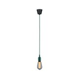 Green pendant lamp with black ceiling mount and visible bulb for modern interior lighting