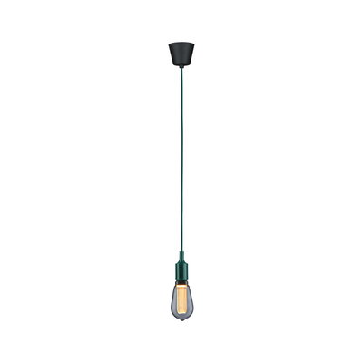 Green pendant lamp with black ceiling mount and visible bulb for modern interior lighting