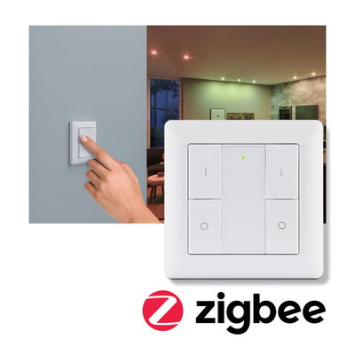 Interrupteur mural blanc Zigbee à plusieurs boutons pour contrôle d'éclairage intelligent dans un salon moderne.